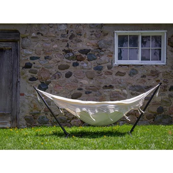 Vivere Double Deluxe Fringe Natural Hammock with Stand 9-ft 3 Vivere Double Deluxe Fringe Natural Hammock with Stand 9-ft