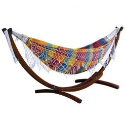 Vivere Brazilian Double Hammock - Cotton - with Solid Pine Arc Stand - Carnival