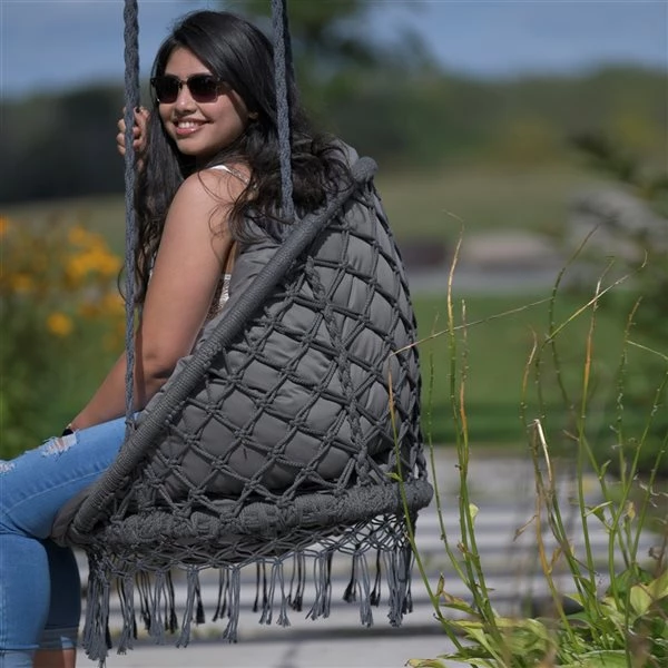 Vivere Fog-Grey Swivel Macrame Chair with Fringe 5 Vivere Fog-Grey Swivel Macrame Chair with Fringe - Image 3